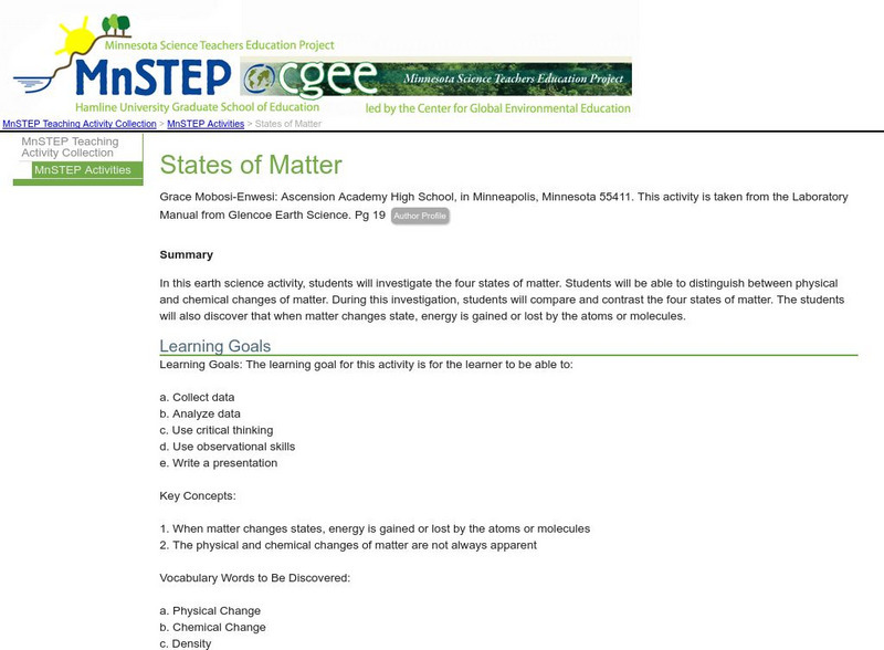 Serc: Mn Step: States of Matter Lesson Plan Serc: Mn Step: States of Matter Lesson Plan