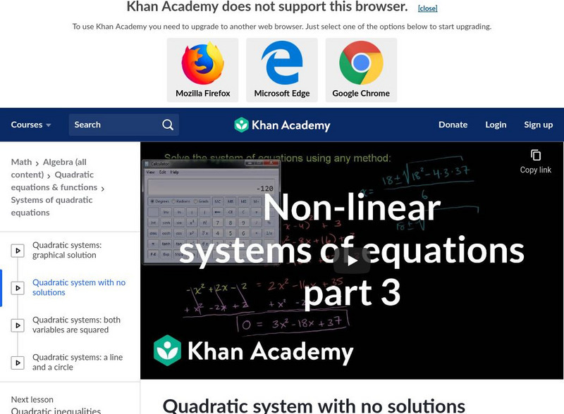 Khan Academy: Quadratic System With No Solutions Instructional Video