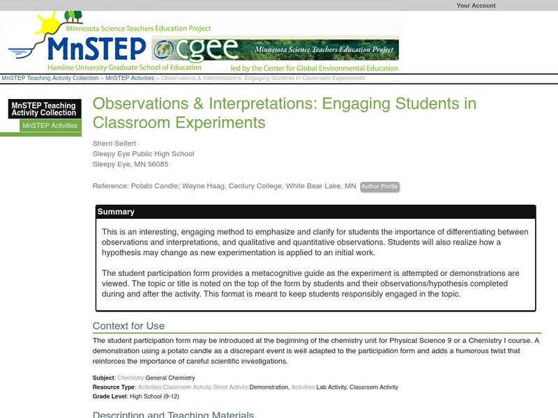 Serc: Observations & Interpretations: Engaging Students in Classroom Experiments Lesson Plan Serc: Observations & Interpretations: Engaging Students in Classroom Experiments Lesson Plan
