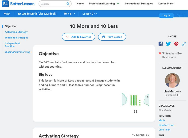 Better Lesson: 10 More and 10 Less Lesson Plan Better Lesson: 10 More and 10 Less Lesson Plan