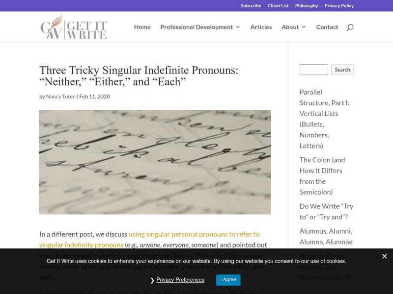 Get It Write: Singular Indefinite Pronouns: Part 2 Unit Plan Get It Write: Singular Indefinite Pronouns: Part 2 Unit Plan