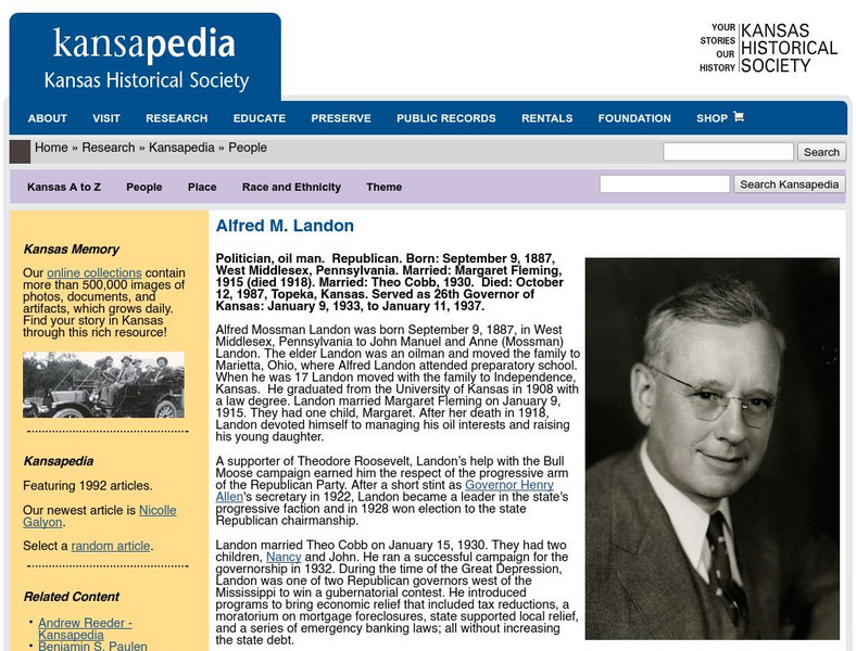 Kansapedia: Alfred M. Landon Handout Kansapedia: Alfred M. Landon Handout