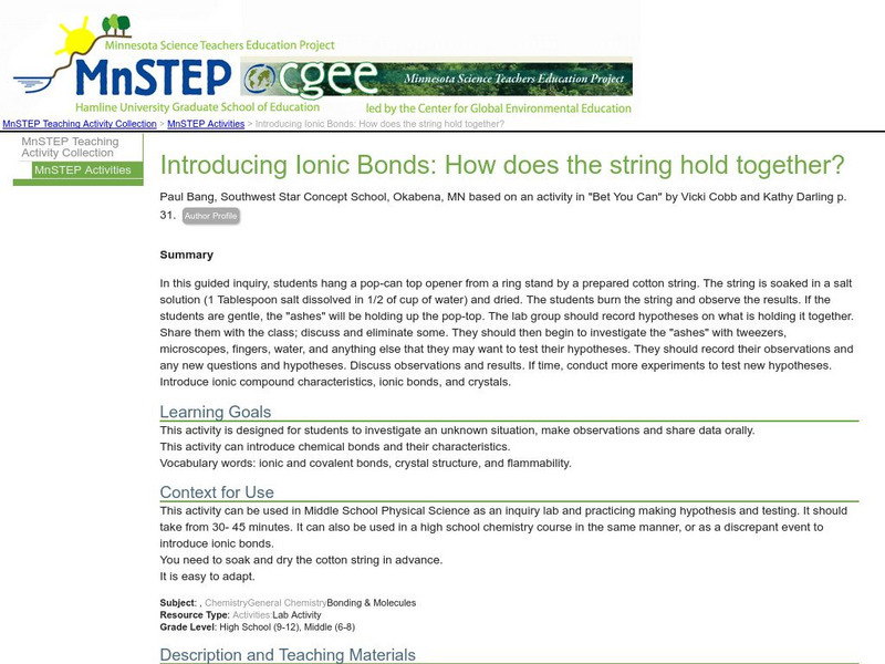 Serc: Introducing Ionic Bonds: How Does the String Hold Together? Lesson Plan Serc: Introducing Ionic Bonds: How Does the String Hold Together? Lesson Plan