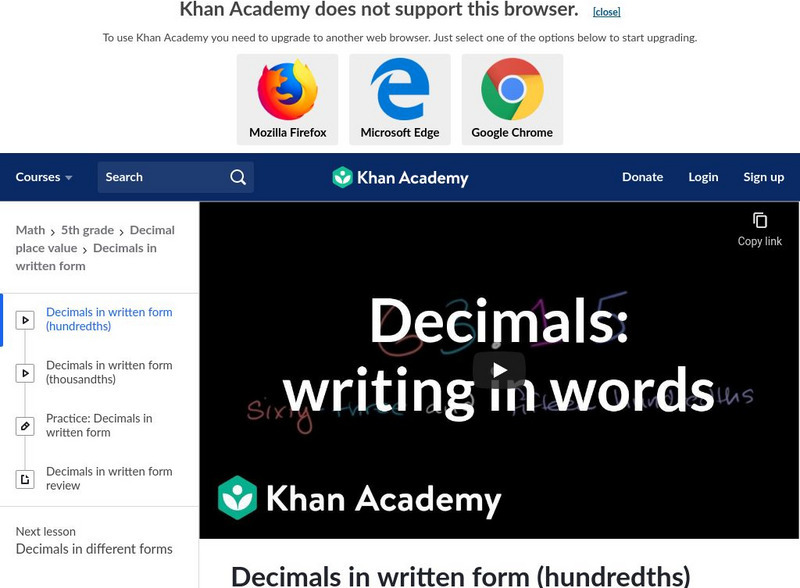 Khan Academy: Decimals in Written Form (Hundredths) Instructional Video