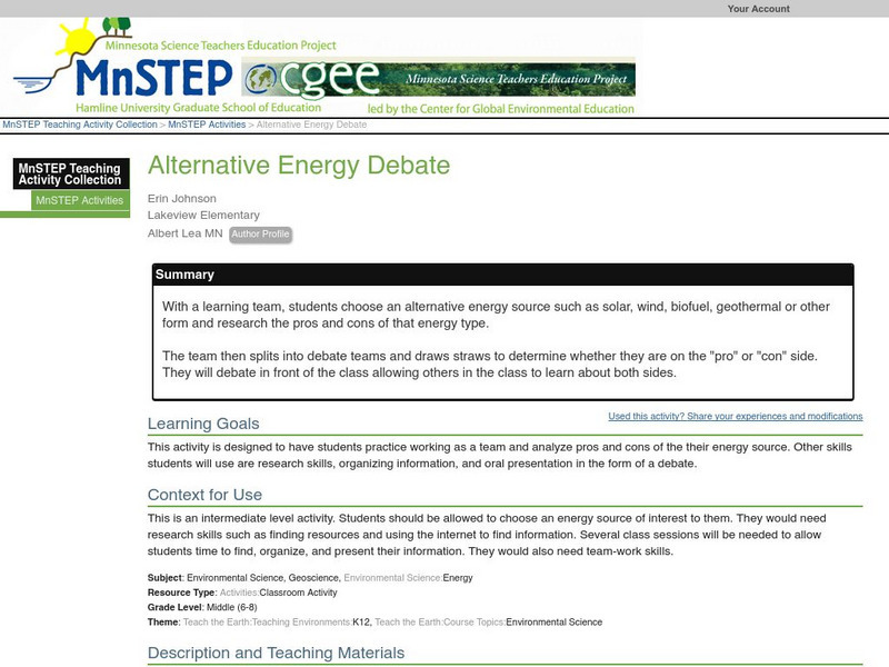 Serc: Alternative Energy Debate Lesson Plan Serc: Alternative Energy Debate Lesson Plan