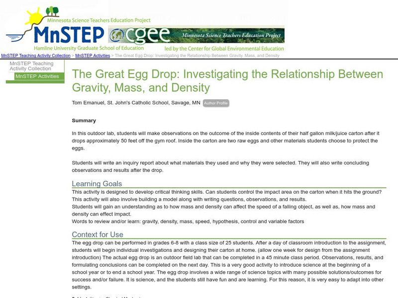 Serc: Mn Step: The Great Egg Drop: Relationship Between Gravity, Mass and Density Lesson Plan Serc: Mn Step: The Great Egg Drop: Relationship Between Gravity, Mass and Density Lesson Plan