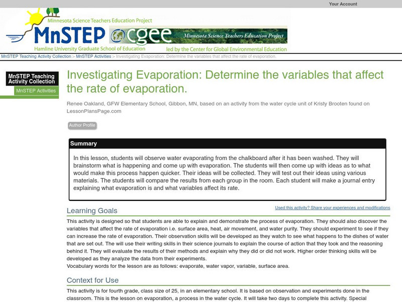 Serc: Evaporation: Determine the Variables That Affect the Rate of Evaporation Lesson Plan Serc: Evaporation: Determine the Variables That Affect the Rate of Evaporation Lesson Plan