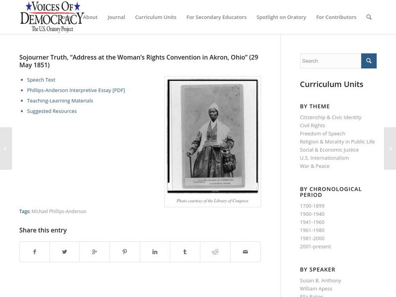 Voices of Democracy: Sojourner Truth "Address at the Woman's Rights Convention " Website Voices of Democracy: Sojourner Truth "Address at the Woman's Rights Convention " Website