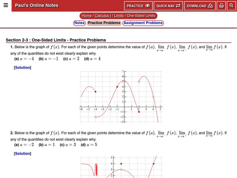 Paul's Online Notes: One Sided Limits: Practice Page Handout Paul's Online Notes: One Sided Limits: Practice Page Handout