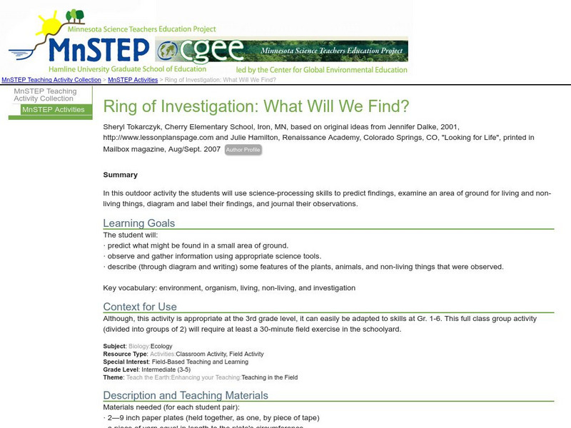 Serc: Mn Step: Ring of Investigation: What Will We Find? Lesson Plan Serc: Mn Step: Ring of Investigation: What Will We Find? Lesson Plan