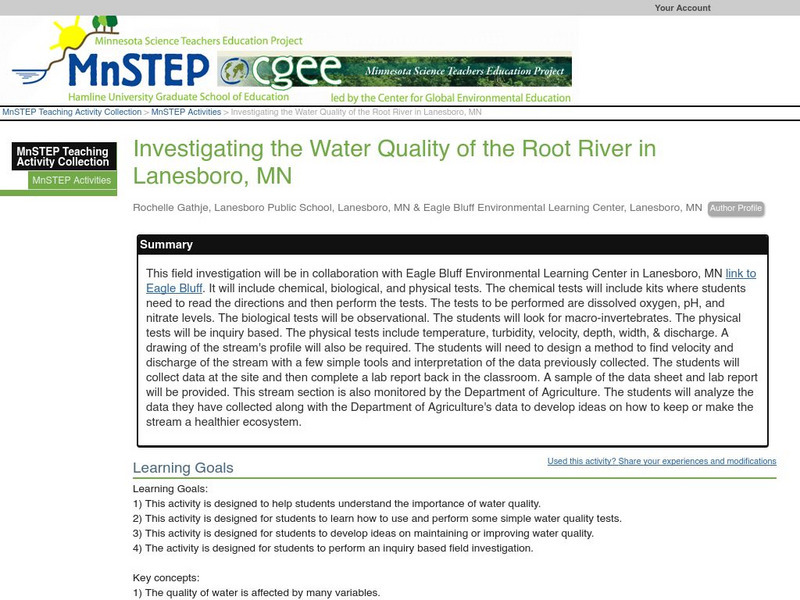 Serc: Investigating the Water Quality of the Root River in Lanesboro, Mn Lesson Plan Serc: Investigating the Water Quality of the Root River in Lanesboro, Mn Lesson Plan