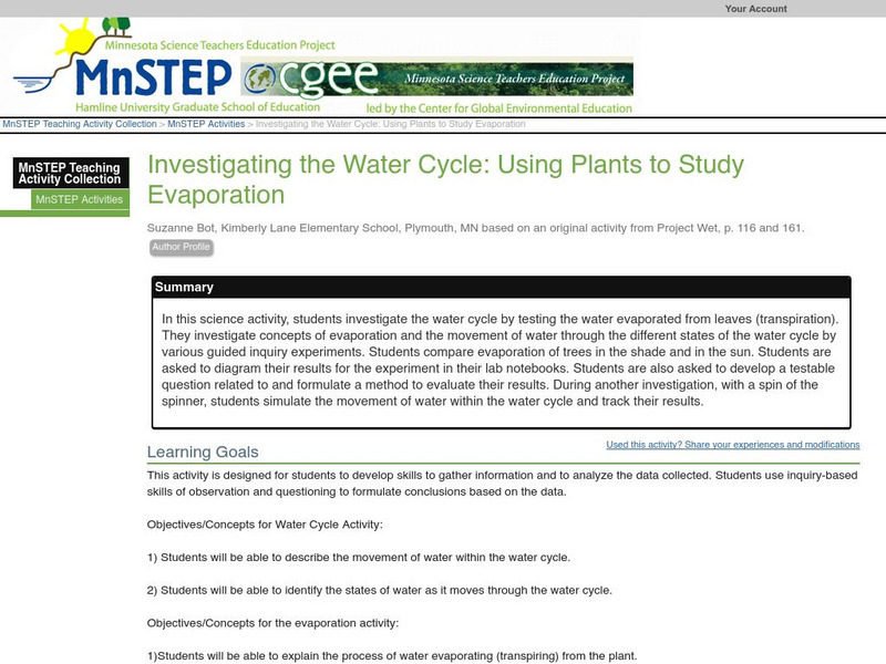 Serc: Investigating the Water Cycle: Using Plants to Study Evaporation Lesson Plan Serc: Investigating the Water Cycle: Using Plants to Study Evaporation Lesson Plan