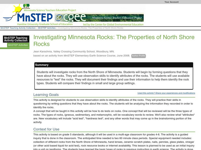 Serc: Investigating Minnesota Rocks: The Properties of North Shore Rocks Lesson Plan Serc: Investigating Minnesota Rocks: The Properties of North Shore Rocks Lesson Plan