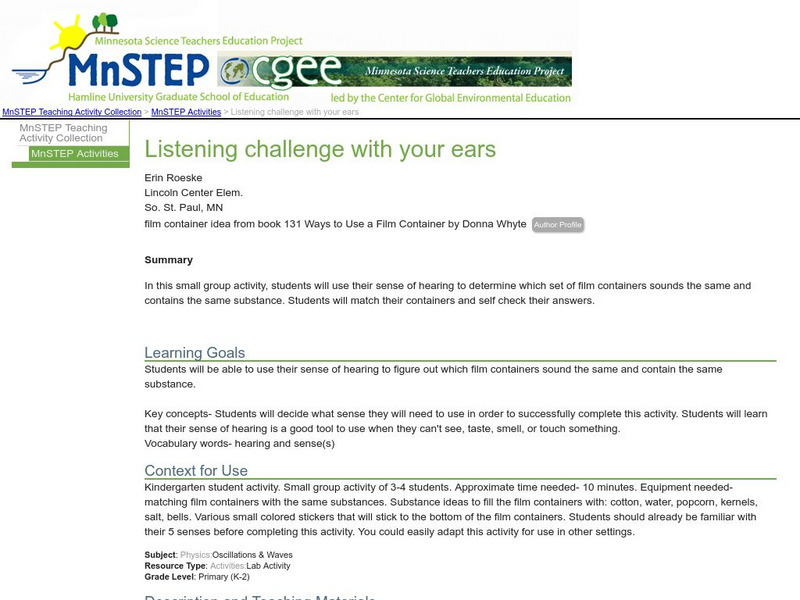 Serc: Listening Challenge With Your Ears Lesson Plan Serc: Listening Challenge With Your Ears Lesson Plan