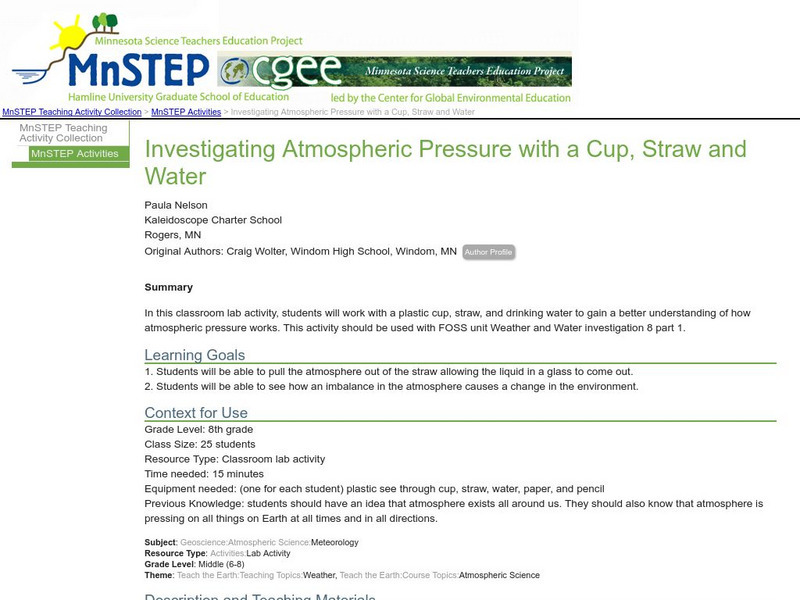 Serc: Investigating Atmospheric Pressure With a Cup, Straw and Water Lesson Plan
