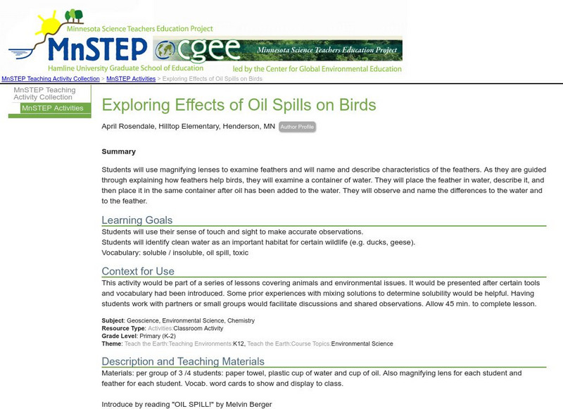 Serc: Exploring Effects of Oil Spills on Birds Lesson Plan Serc: Exploring Effects of Oil Spills on Birds Lesson Plan