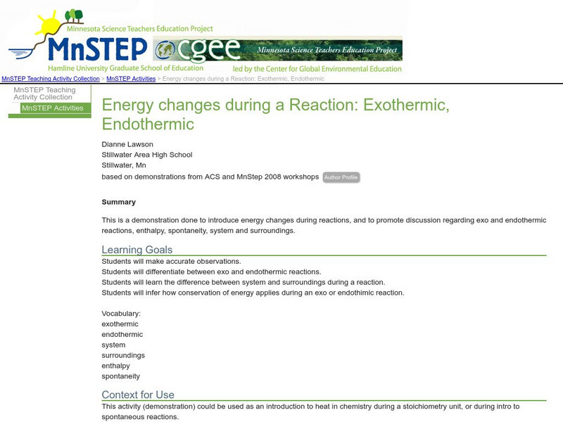 Serc: Energy Changes During a Reaction: Exothermic, Endothermic Lesson Plan Serc: Energy Changes During a Reaction: Exothermic, Endothermic Lesson Plan