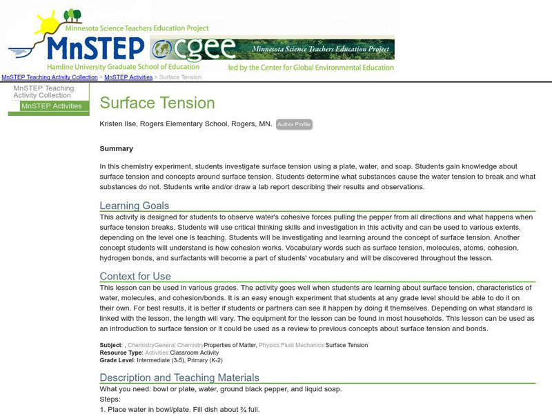 Serc: Mn Step: Surface Tension Lesson Plan Serc: Mn Step: Surface Tension Lesson Plan