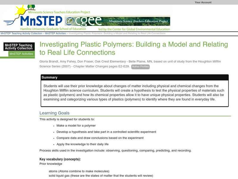 Serc: Investigating Plastic Polymers: Building a Model Lesson Plan Serc: Investigating Plastic Polymers: Building a Model Lesson Plan