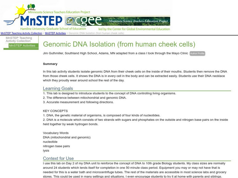 Serc: Genomic Dna Isolation: From Human Cheek Cells Lesson Plan Serc: Genomic Dna Isolation: From Human Cheek Cells Lesson Plan