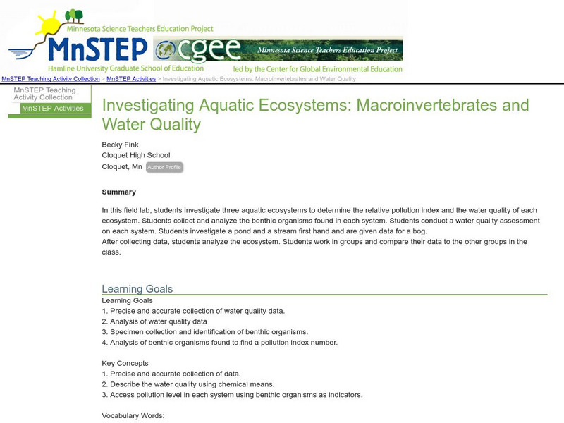 Serc: Investigating Aquatic Ecosystems: Macroinvertebrates and Water Quality Lesson Plan