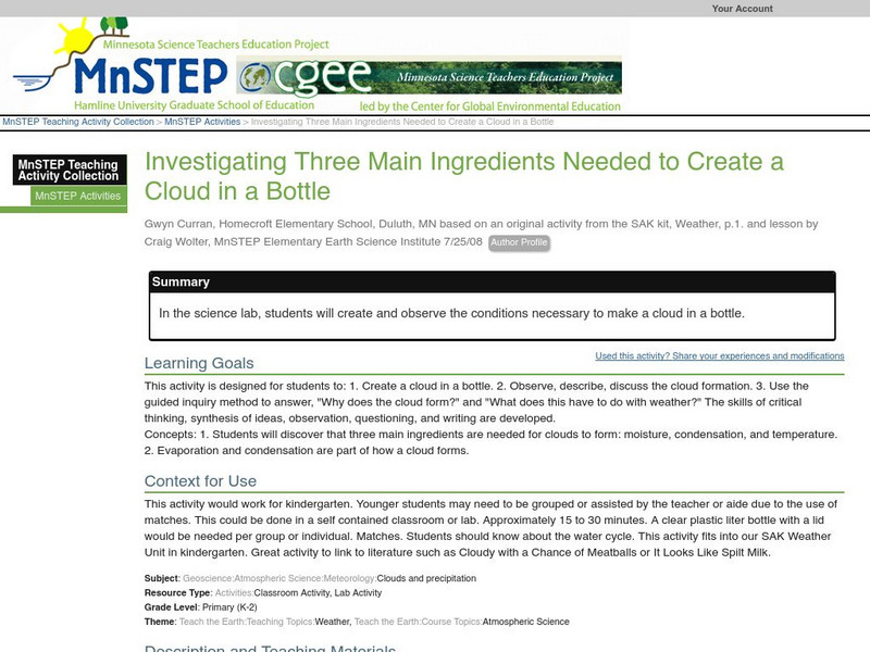 Serc: Investigating Three Main Ingredients Needed to Create a Cloud in a Bottle Lesson Plan Serc: Investigating Three Main Ingredients Needed to Create a Cloud in a Bottle Lesson Plan