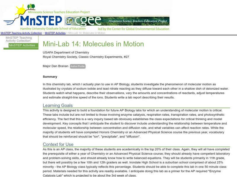 Serc: Mini Lab 14: Molecules in Motion Lesson Plan Serc: Mini Lab 14: Molecules in Motion Lesson Plan
