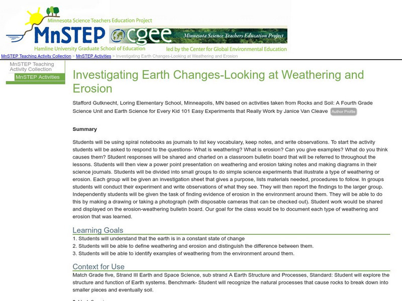 Serc: Investigating Earth Changes: Looking at Weathering and Erosion Lesson Plan Serc: Investigating Earth Changes: Looking at Weathering and Erosion Lesson Plan