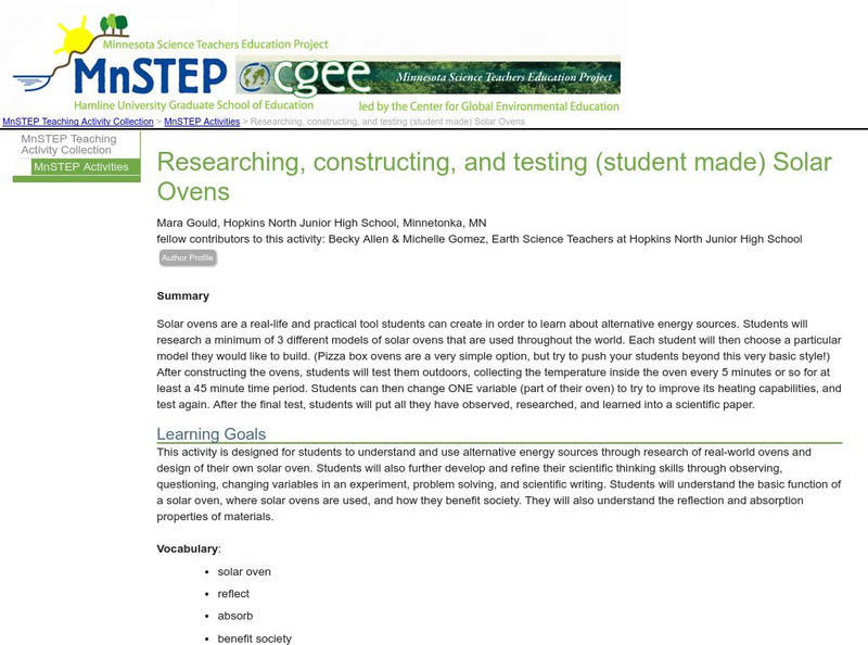 Serc: Mn Step: Researching, Constructing, and Testing (Student Made) Solar Ovens Lesson Plan Serc: Mn Step: Researching, Constructing, and Testing (Student Made) Solar Ovens Lesson Plan