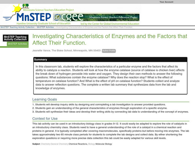 Serc: Investigating Characteristics of Enzymes & Factors That Affect Their Funct Lesson Plan Serc: Investigating Characteristics of Enzymes & Factors That Affect Their Funct Lesson Plan