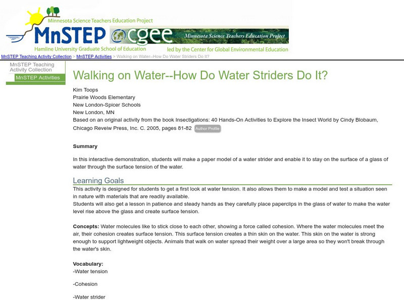Serc: Walking on Water How Do Water Striders Do It? Lesson Plan Serc: Walking on Water How Do Water Striders Do It? Lesson Plan