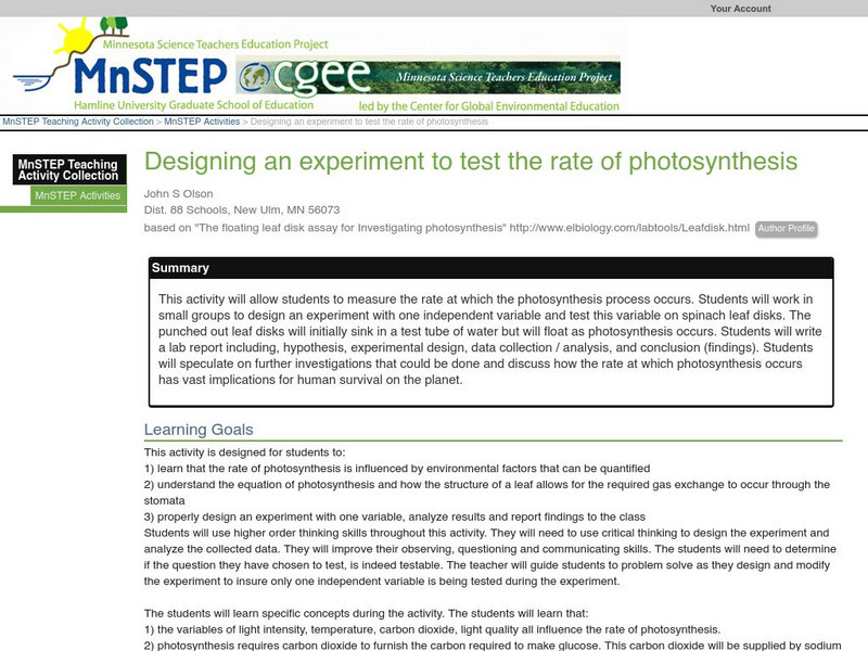 Serc: Designing an Experiment to Test the Rate of Photosynthesis Lesson Plan Serc: Designing an Experiment to Test the Rate of Photosynthesis Lesson Plan