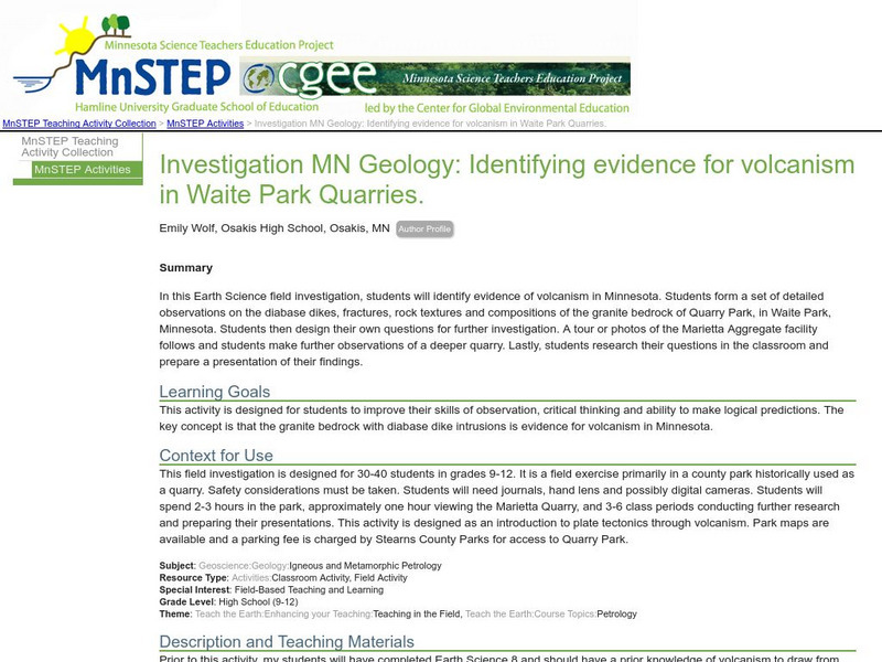 Serc: Identifying Evidence for Volcanism in Waite Park Quarries Lesson Plan Serc: Identifying Evidence for Volcanism in Waite Park Quarries Lesson Plan
