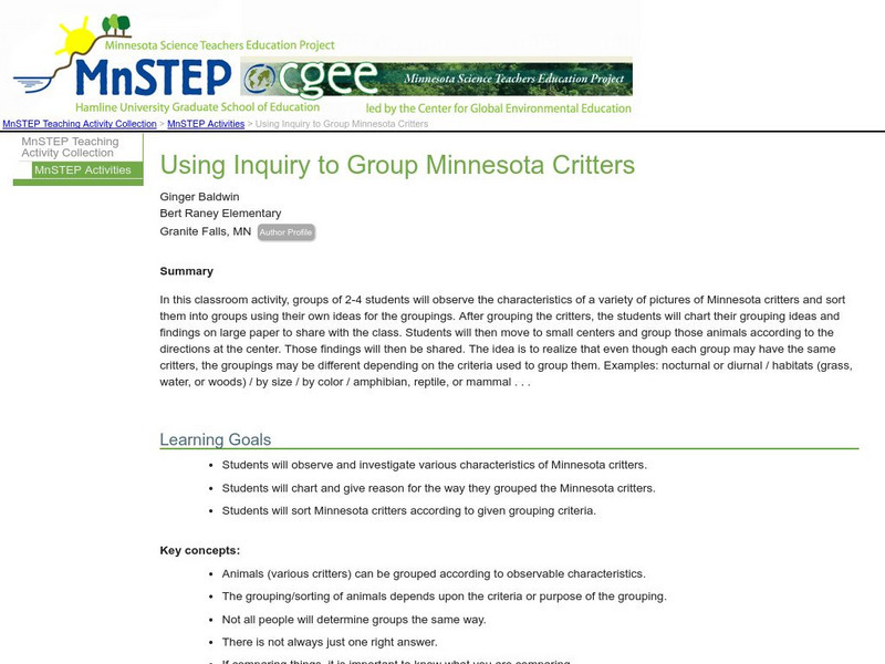 Serc: Using Inquiry to Group Minnesota Critters Lesson Plan Serc: Using Inquiry to Group Minnesota Critters Lesson Plan