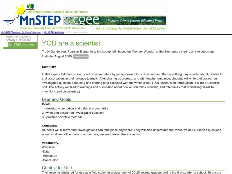 Serc: Mn Step: You Are a Scientist Lesson Plan Serc: Mn Step: You Are a Scientist Lesson Plan