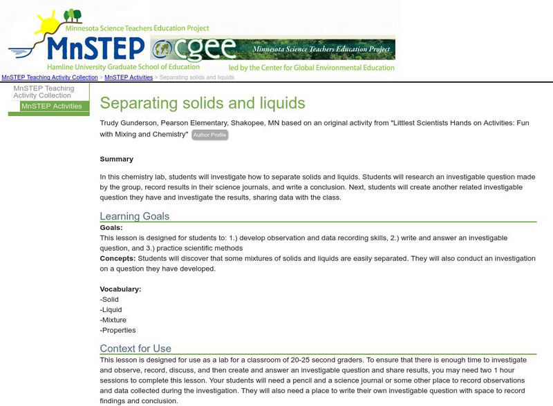 Serc: Mn Step: Separating Solids and Liquids Lesson Plan Serc: Mn Step: Separating Solids and Liquids Lesson Plan