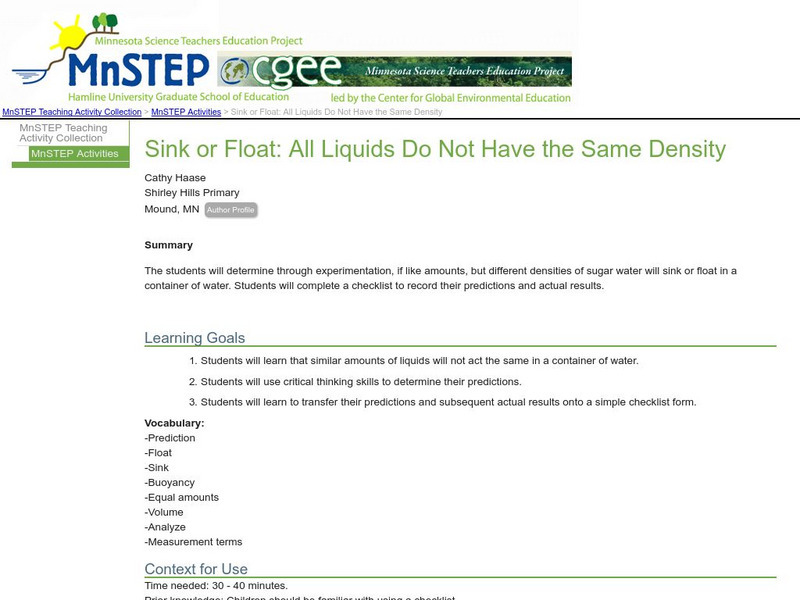 Serc: Mn Step: Sink or Float: All Liquids Do Not Have the Same Density Lesson Plan Serc: Mn Step: Sink or Float: All Liquids Do Not Have the Same Density Lesson Plan