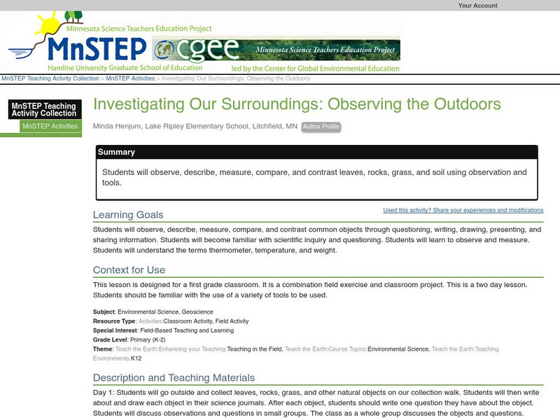 Serc: Investigating Our Surroundings: Observing the Outdoors Lesson Plan Serc: Investigating Our Surroundings: Observing the Outdoors Lesson Plan
