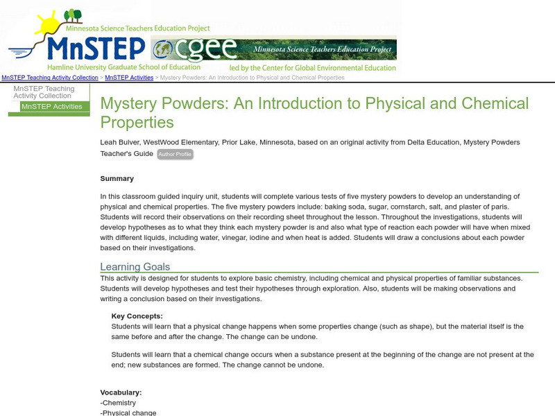 Serc: Mystery Powders: An Introduction to Physical and Chemical Properties Lesson Plan Serc: Mystery Powders: An Introduction to Physical and Chemical Properties Lesson Plan