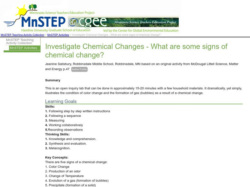 Serc: Investigate Chemical Changes: What Are Some Signs of Chemical Change? Lesson Plan Serc: Investigate Chemical Changes: What Are Some Signs of Chemical Change? Lesson Plan