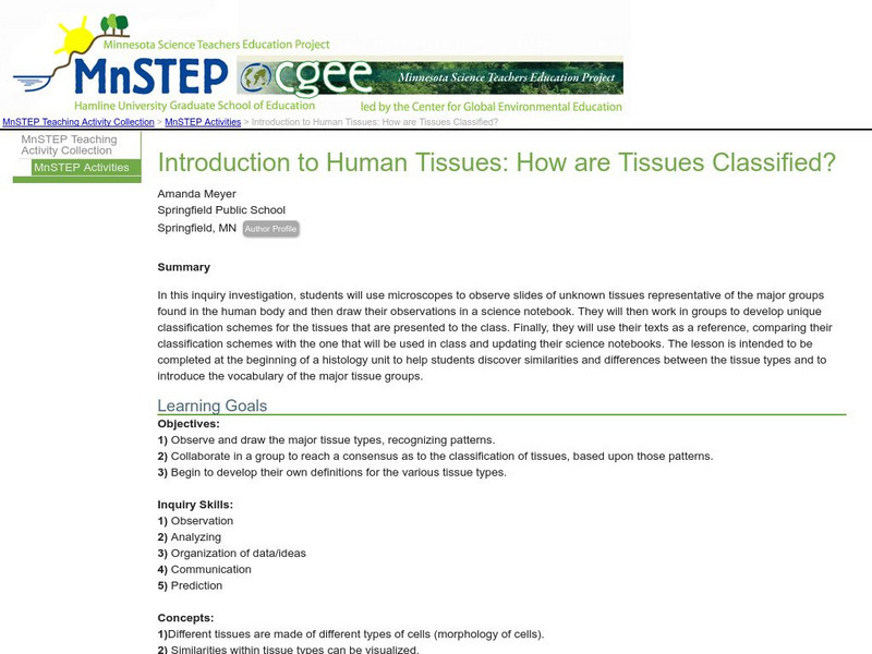Serc: Introduction to Human Tissues: How Are Tissues Classified? Lesson Plan Serc: Introduction to Human Tissues: How Are Tissues Classified? Lesson Plan