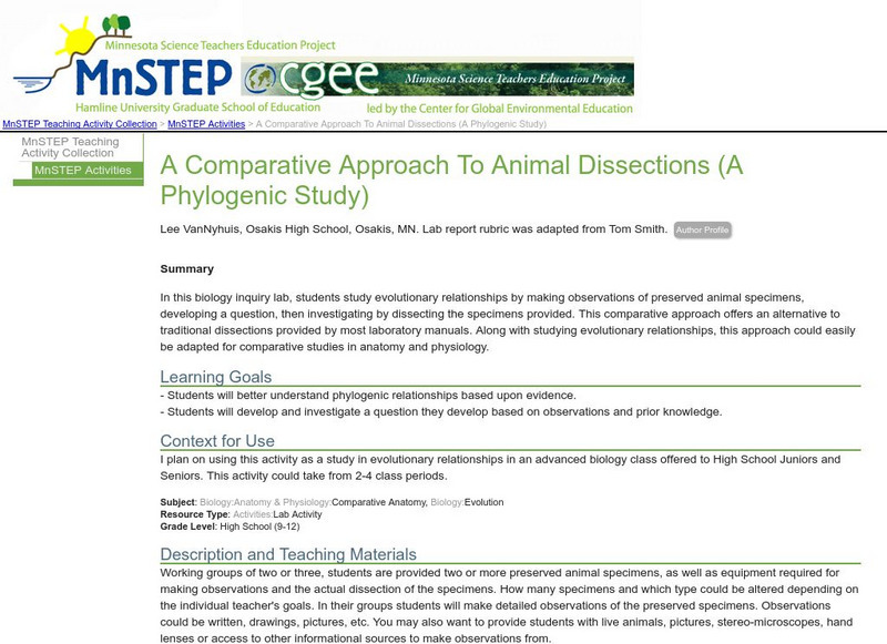 Serc: A Comparative Approach to Animal Dissections (A Phylogenic Study) Activity Serc: A Comparative Approach to Animal Dissections (A Phylogenic Study) Activity