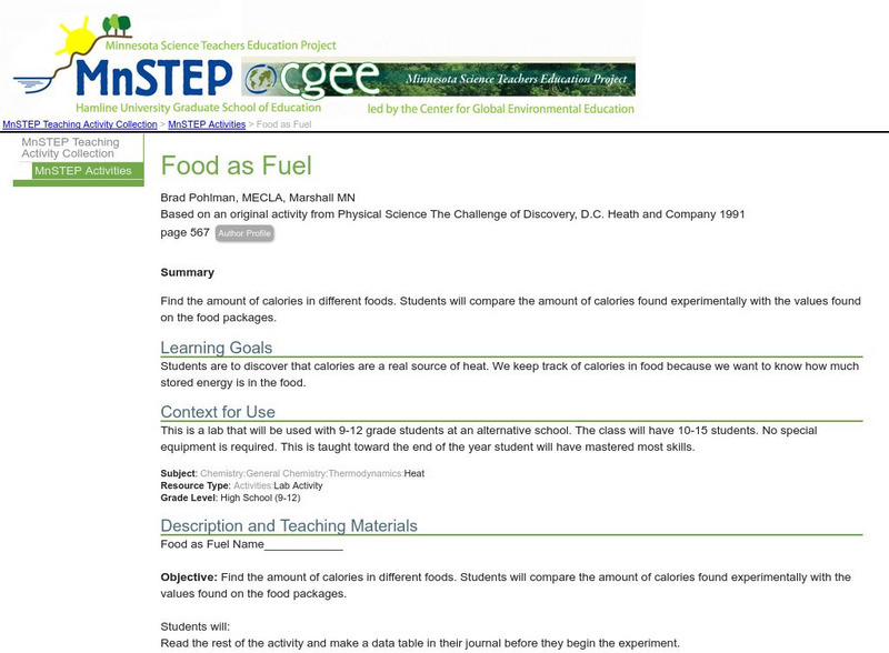 Serc: Food as Fuel Lesson Plan Serc: Food as Fuel Lesson Plan