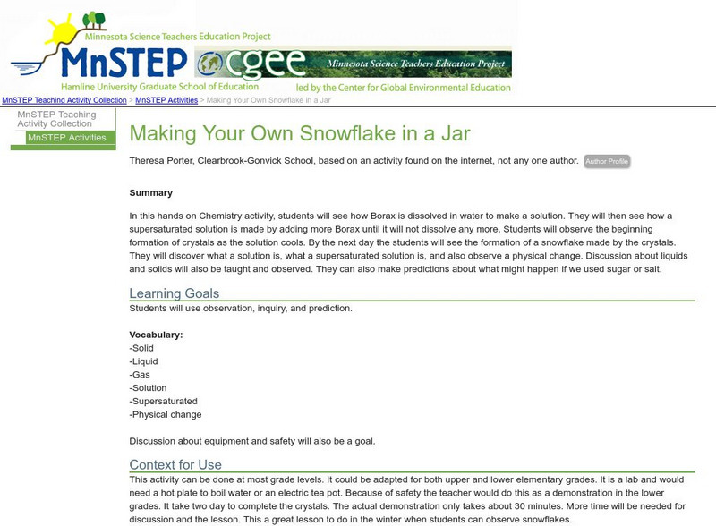 Serc: Making Your Own Snowflake in a Jar Lesson Plan Serc: Making Your Own Snowflake in a Jar Lesson Plan