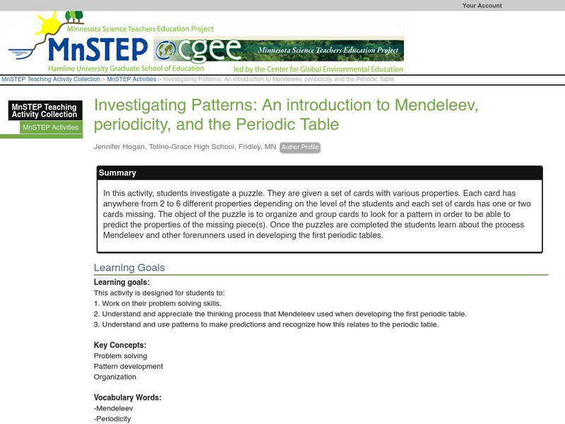 Serc: Investigating Patterns: An Introduction to Mendeleev Lesson Plan Serc: Investigating Patterns: An Introduction to Mendeleev Lesson Plan