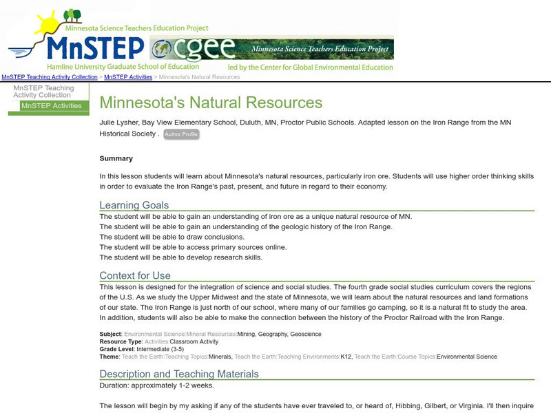 Serc: Minnesota's Natural Resources Lesson Plan Serc: Minnesota's Natural Resources Lesson Plan