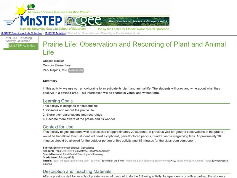 Serc: Prairie Life: Observation and Recording of Plant and Animal Life Lesson Plan Serc: Prairie Life: Observation and Recording of Plant and Animal Life Lesson Plan