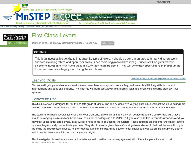 Serc: First Class Levers Lesson Plan Serc: First Class Levers Lesson Plan