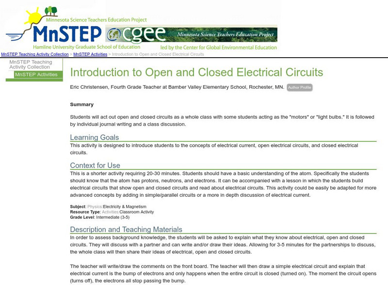 Serc: Introduction to Open and Closed Electrical Circuits Lesson Plan Serc: Introduction to Open and Closed Electrical Circuits Lesson Plan