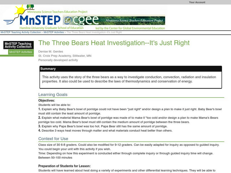 Serc: The Three Bears Heat Investigation It's Just Right Lesson Plan Serc: The Three Bears Heat Investigation It's Just Right Lesson Plan